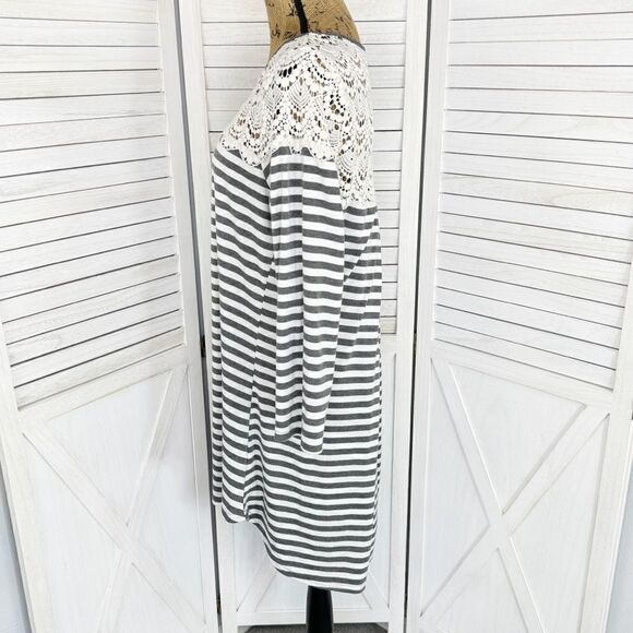UMGEE Striped Crochet Lace Shoulder Tee Shirt Dress Gray Ivory Medium - Picture 2 of 11